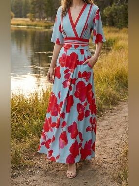 Blue Maxi Dress NWT with Red Print Sz Large